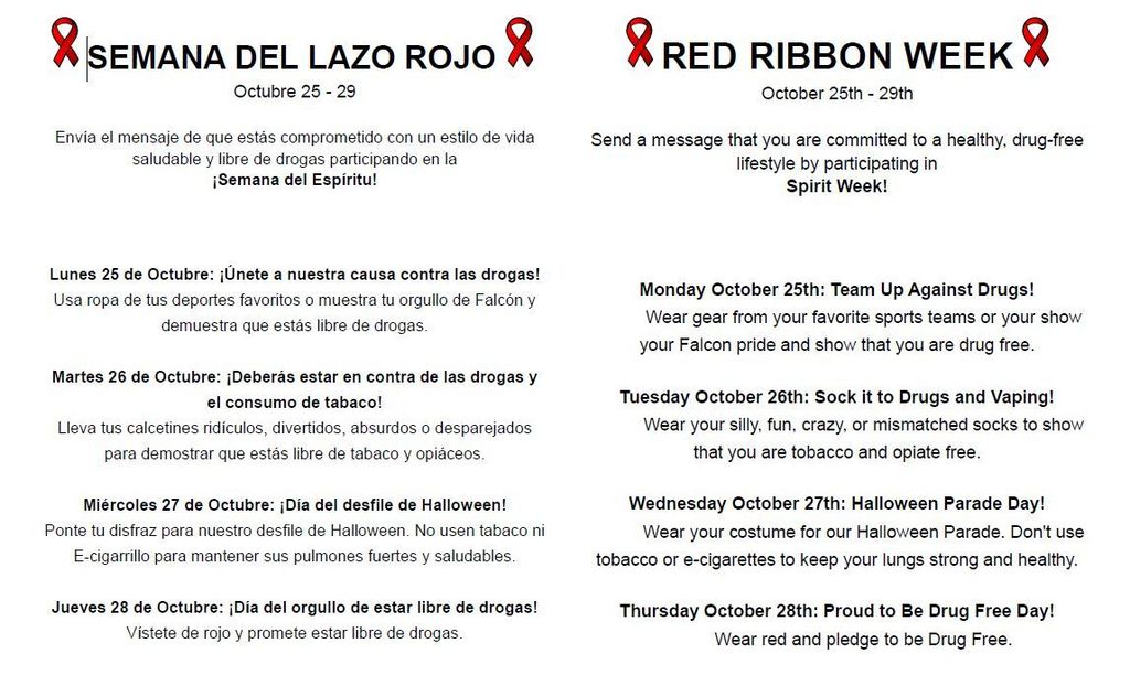 Red Ribbon Week Spirit Week Calendar